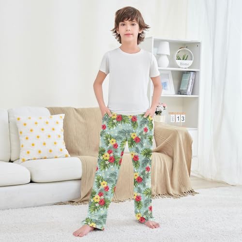 ZZXXB Tropical Flowers Leaves Boys Long Pants Soft Trousers Elastic Waist Kids Lounge Bottoms with Pockets S-XL 5