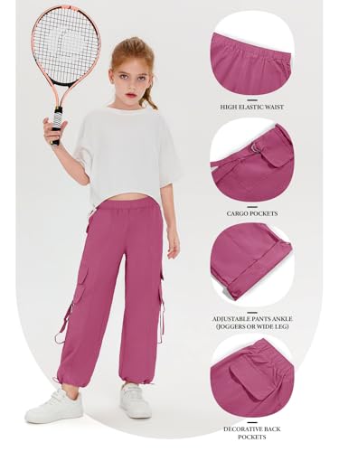 Image of Haloumoning Girls Parachute Pants Kids Wide Leg Cargo Pants Y2K Street Trousers with Pockets 5-14 Years