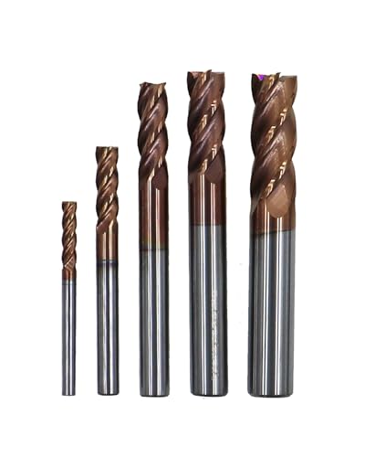 Image of 1 /8 inch 3 /16 inch 1 /4 inch 5 /16 inch 3 /8 inch Carbide End Mills Set, 4 Flute End Mill Bits for Steel (Carbon steels /Alloy Steels /Hardened Steels), TISIN Coated, CNC Router Bits