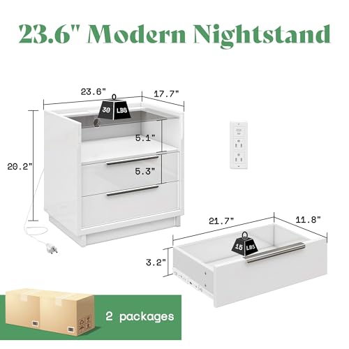 Image of AMERLIFE Nightstand Set of 2, 23.6 inch End Table with Charging Station, Modern High Gloss Bedside Table with Glass Top, Spacious Drawers & Open Shelf, Easy Assembly, Nightstand for Bedroom, White