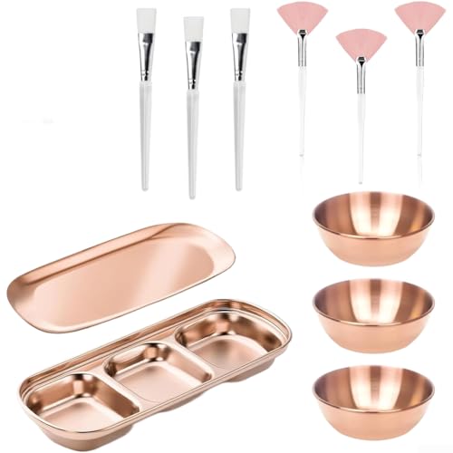 Juego de 23 cuencos para el cuidado facial de acero inoxidable con 3 cuencos de mezcla, 6 pinceles para el cuidado de la piel, 12 esponjas de compresión y 2 bandejas de almacenamiento (oro rosa)