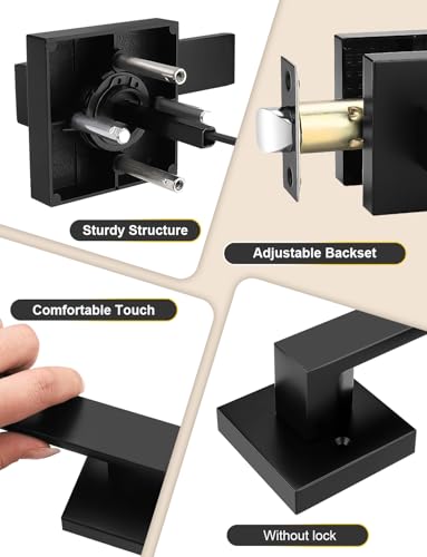 Square Black Door Handles - Set of 10 for Left or Right Handing, Matte Black - Interior Use