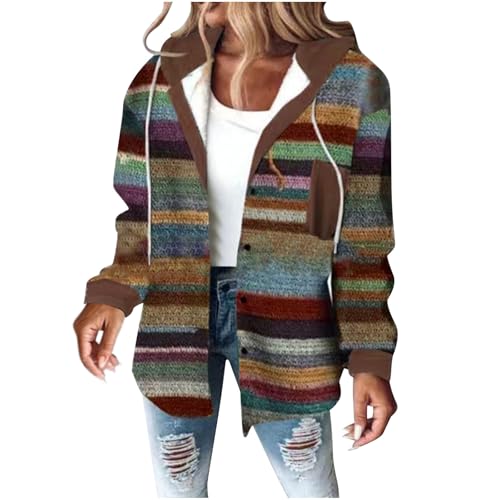 Hoodies for Women Fashion Rainbow Striped Cardigan Sweater Casual Long Sleeve Zip Up Hooded Jacket Fall Outfits Coat