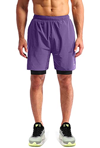 Image of Pudolla Men's 2 in 1 Running Shorts 5 inch Quick Dry Gym Athletic Workout Shorts for Men with Phone Pockets