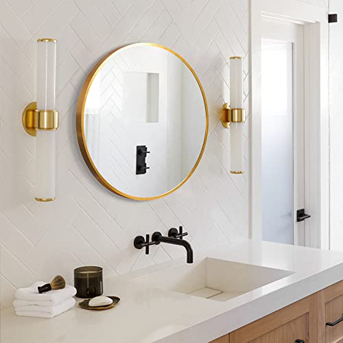 Gold Round Mirror 24 inch, Round Bathroom Mirror with Brushed Metal Frame Large Circle Wall Mirror for Bedroom, Living Room, Vanity, Entryway Decorative Wall Mirrors (Gold, 24