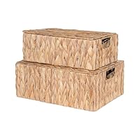 Wickerfield Water Hyacinth Woven Storage Box for Shelves Wicker Gift Hamper with Handle and Lid Home Bathroom Organiser (Large)