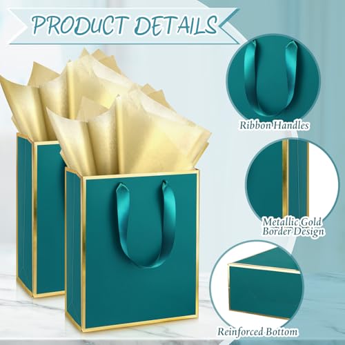 Image of Yeaqee 24 Pack Metallic Paper Gift Bags, Turquoise, Gold | with Satin Ribbon Handle and Tissue, 9x7x3.1 Inch, Suit Business, Birthday, Christmas, Thank You Return Gifts Bags