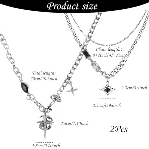Image of 2Pcs Gothic Jewellery, Crescent Black Diamond Star Necklace, Silver Chain for Men, Punk Style Necklace for Women, Stylish Gothic Fashion Accessory for Everyday Wear and Special Occasions
