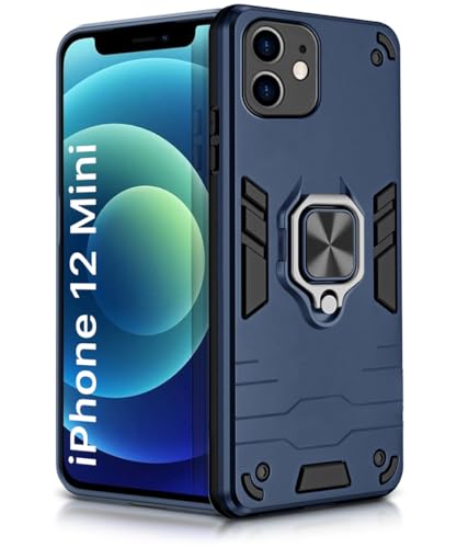 Image of WOW IMAGINE Shock Proof Back Case Mobile Cover for iPhone 12 Mini | Back Cover Case (Tough Armor | Hybrid PC + TPU | Ring Holder & in-Built Kickstand | Blue)