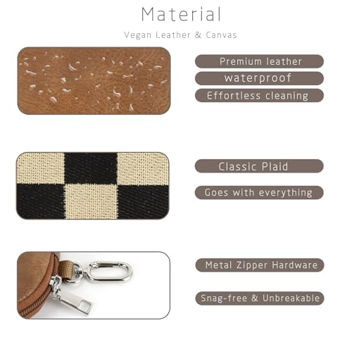 Image of Checkered Dual Pouch Keychain Wallet for Women, Small Mini Zip Leather Coin Purse with Wrist Strap,wristlet hangbags,Brown