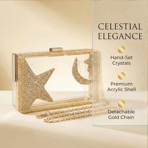 Image of Ladies Clear Acrylic Moon and Star Rhinestone Chain Bag Sparkly Transparant Clutch Purse for Women Evening