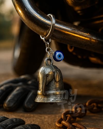 Image of Tiny Tim Guardian Bell with Evil Eye Charm - Protective Motorcycle & Car Accessory - Tibetan-Inspired Design - Wards Off Negative Energy - Ideal Gift for Bikers & Travelers
