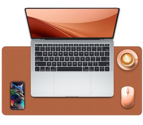 Rutschfest Schreibtischunterlage, 60 x 35 cm großes Mauspad mit Leder und Rutchfeste Wildleder, wasserfeste Laptop Tischunterlage, Tisch-Schutz Unterlag für Büro/Haus/Deko (Russet Braun)