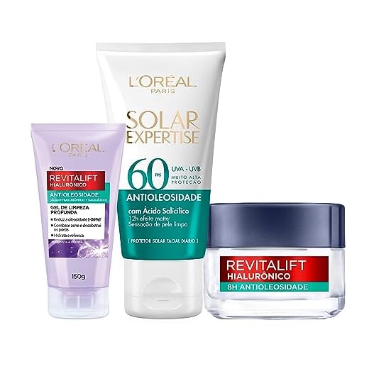 Kit L'Oréal Paris Antioleosidade: Gel Creme Hidratante Revitalif Hialurônico 49g + Gel de Limpeza Hialurônico 150g + Protetor Solar Facial Expertise Fps60 40g