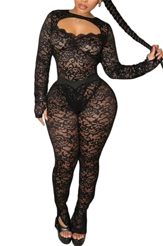 Tenue sexy 2 pièces CALEBGAR en dentelle transparente noire et leggings évasés pour femme