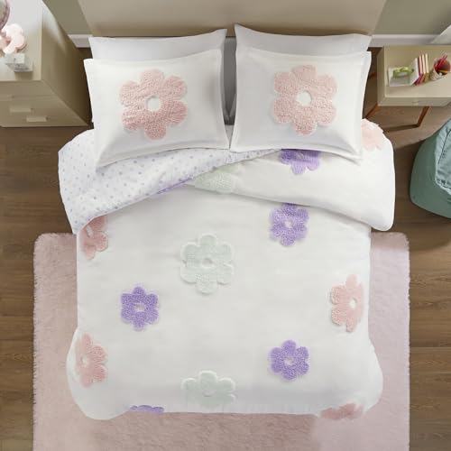 Urban Habitat Kids Twin Duvet Cover Set for Girls, Tufted Chenille Floral Duvet Set Twin, Lightweight Polka Dot Duvet Reversible Bedding Cover, Sham, Pillow, Gracie, Twin White/Purple 3 Piece