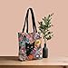 THISFIND Black Cat Floral Canvas Tote Bag – Double-Sided Printed Artistic Shoulder Bag with Button Closure, Whimsical Boho Flower Pattern for Daily Use or Gift