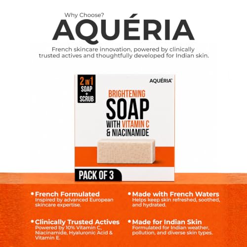 Image of Aqueria 2-in-1 De-Tan & Brightening Soap with Vitamin C & Niacinamide | Instant Brightening & Exfoliating Soap with Kojic Acid | Scrub Side for Tan Removal & Smooth Side for Brightening (Pack of 3)