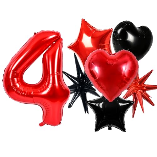 Image of TONIFUL 4th Birthday Balloons Kit 40 Inch Red Large Number 4 Foil Balloon | with 18Inch Helium Mylar Heart Star Balloons for Kids Women Men Birthday Anniversary Graduation New Year Eve Party Decoration