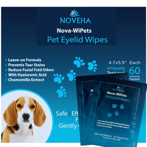 NOVEHA 60PCs - Dog Eye Wipes, Individually Packed Gentle Tear Stain Remover with Hyaluronic Acid, Refreshing Dog Eye Cleaner for Dirt &amp; Discharge Removal