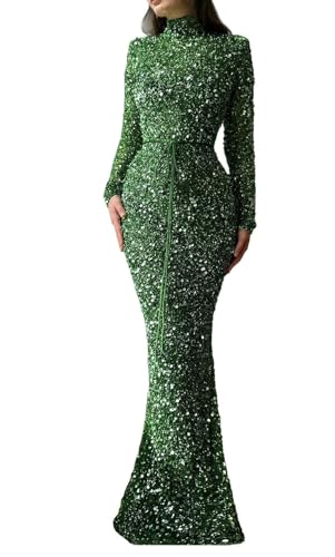 Sequin Mermaid Prom Dresses 2024 Sparkly High Neck Long Sleeve Bodycon Formal Evening Party Gowns with Belt