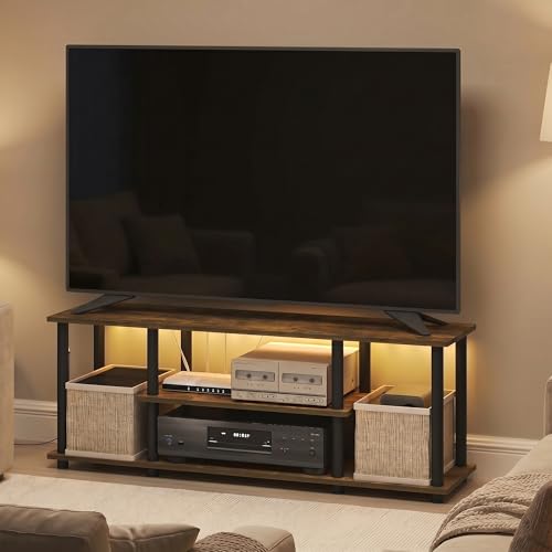 Image of Furinno Turn-N-Tube 3-Tier No Tools TV Stand with LED Lights, Amber Pine | for TV up to 50 Inch, Open Frame Entertainment Center, TV Console for Living Room, Bedroom