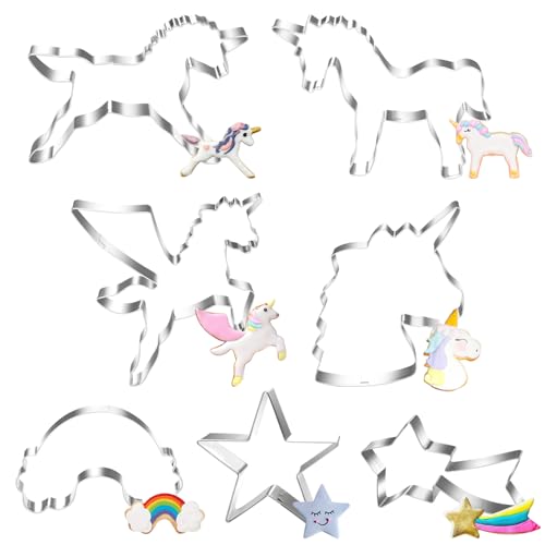Ausstechformen Einhorn Stern, 7 Stück Weihnachten Pferde Plätzchen Ausstecher Set, Edelstahl Plätzchenausstecher Pferdekopf, Regenbogen Keksausstecher, Pony Cookie Cutter Geschenke für Kinder