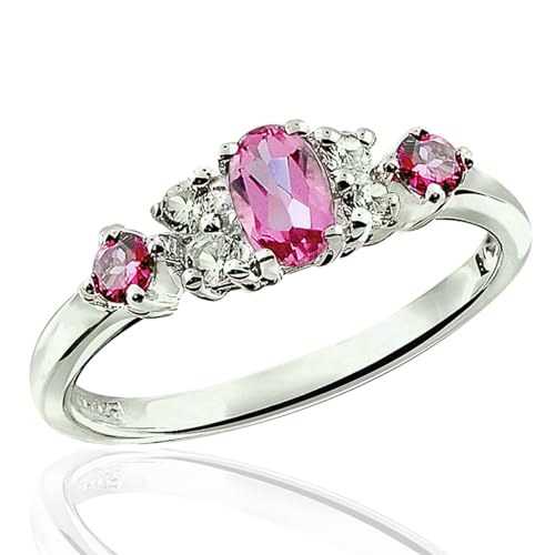 Image of Sterling Silver 925 Dainty Band Ring Genuine Gems Oval 5x3 mm, 0.54 ctw Rhodium-Plated Finish