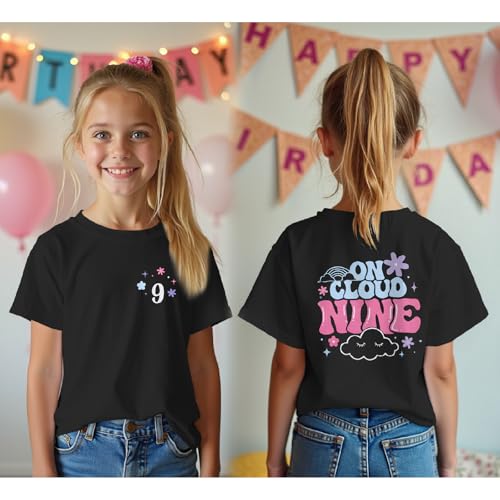 Image of On Cloud Nine Birthday Girl Shirt 9th Birthday Shirt Girl Flower Nineth Party T-Shirt Kids 9 Year Old Summer Tee Tops