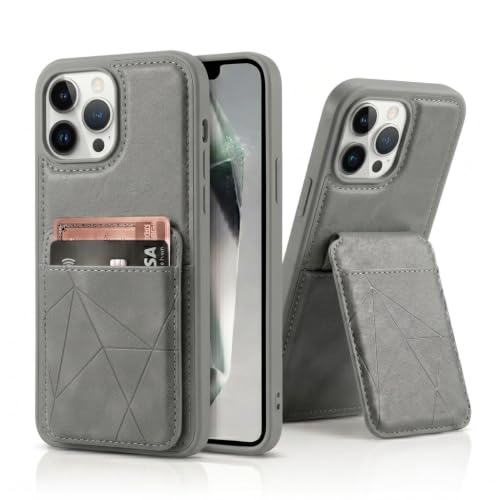 Image of amazon basics Premium Vegan Leather Back Cover with Card Holder and Integrated Mobile Stand for iPhone 16 Pro - Slim Shockproof Wallet Case with Geometric Stitching [Gray]