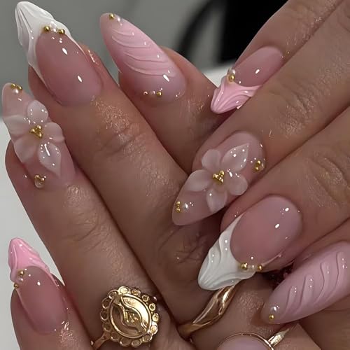 LPOODDNU 3D Pink Press on Nails Almond - Medium French Tip Fake Nails with Embossed Flower&Gold Bead...