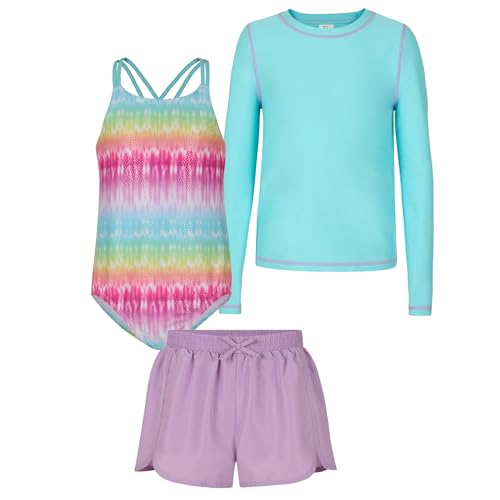 Image of Saint Eve Kids 3 Piece Rash Guard Swimsuit Set with UPF 50+ Protection Girls Swim Shirt One Piece Bathing Suit & Shorts
