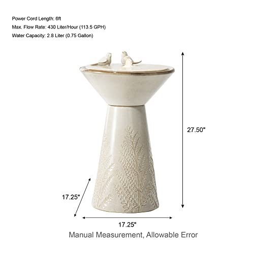 Glitzhome 27.5" H Outdoor Garden Water Fountain With Led Lights And Pump, Sand Beige Two Birds Embossed Plant Pattern Pedestal Ceramic Floor-Standing Fountain For Porch Deck Patio Backyard Decoration #TOP4
