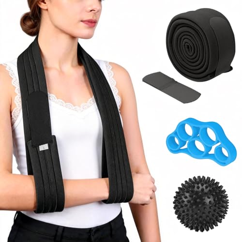 GZcaiyun Armschlinge Schulter Verstellbar Leicht Komfortabel Schulterschlinge 185cm Lang Medizinische Armschlaufe für Verletzten Arm/Hand/Ellenbogen mit Massageball Fingertrainer