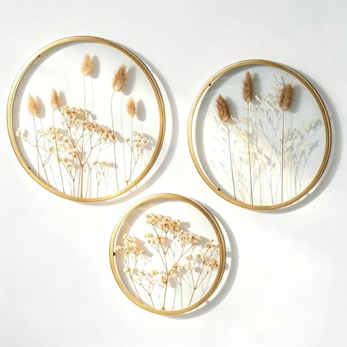 JUJOYBD Wanddeko Boho Glasrahmen Set mit Getrockneten Blumen 3-teilig Doppelglasrahmen Trockenblumen Kranz Gold Ø 16 22 25 cm Gepresste Blumen Ganzjährige Dekoration