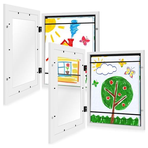 Image of Americanflat - 2 Pack - Kids Artwork Frame Changeable (White) - Magnetic Door Holds 100 Art Pieces - 8.5x11 Letter Size Display with Mat or 10x12.5 Without Mat - My Mini Masterpiece