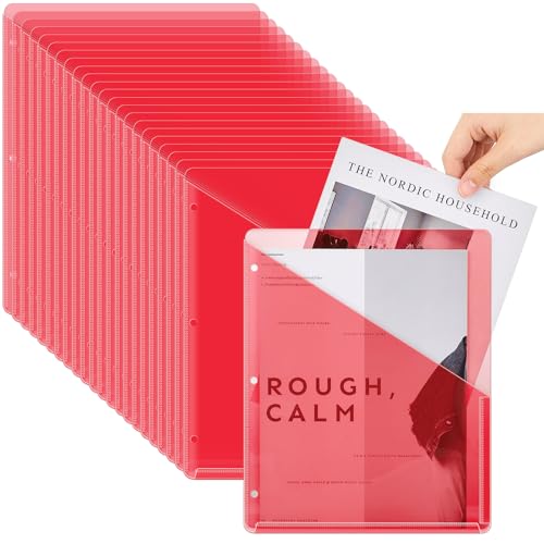 Seajan 48 Pcs Binder Pocket Folders, Clear 3 Ring Binder, Red