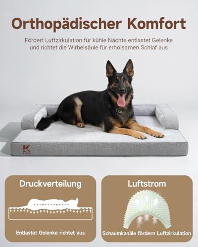 KSIIA Orthopädisches Hundebett Grosse Hunde, Hundekorb Bezug abnehmbar waschbar, Hundesofa Wasserdicht mit Rand, rutschfeste Unterseite, Grau, 104x68x17cm