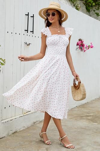 Image of Women's 2026 Spring Summer Floral Midi Dresses Square Neck Smocked Waist Beach Wedding Guest Long Flowy A Line Sundress