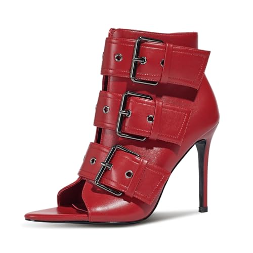 WRFCZGF Women's Peep Toe Booties Sandals Stiletto Heel Ankle Boot Heeled Sandals Metal Buckle Side Zipper Sexy Dance Shoes Red,9.5