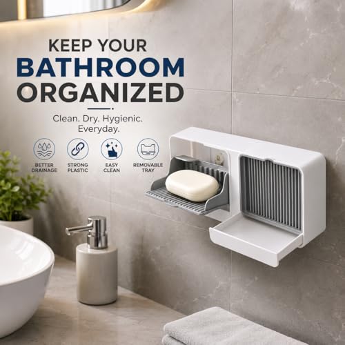 Image of Wall Mounted Soap Holder with Removable Drain Tray for Bathroom Kitchen Wash Basin | Self Draining Plastic Soap Dish | Adhesive No Drill Double Layer Soap Box Holder (Pack of 1)