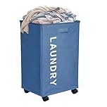 Navy Blue 80L Heavy Duty Laundry Basket with Smooth Wheels Freestanding Tall Hamper Collapsible Washing Bin Reinforced Frame Support Rods Moisture Proof Oxford Fabric Foldable Home Organizer