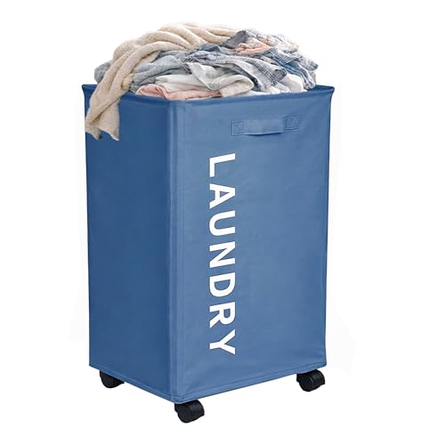 Navy Blue 80L Heavy Duty Laundry Basket with Smooth Wheels Freestanding Tall Hamper Collapsible Washing Bin Reinforced Frame Support Rods Moisture Proof Oxford Fabric Foldable Home Organizer