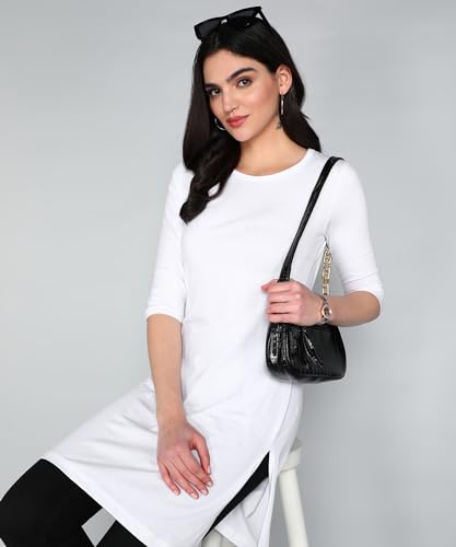 Image of FLEXIMAA Women's Cotton Plain Round Neck 3 /4 Sleeve Long Top