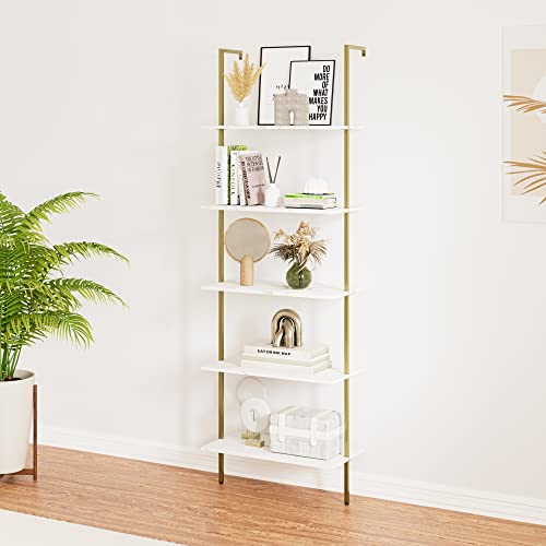 Wolawu 5 Tiers Ladder Shelf White Marble Modern Bookshelf Open Tall Wall Mount Bookcase Standing Leaning Wall Shelves Industrial Decorative #TOP6