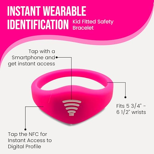 Image of Kids ID Bracelet - Fitted NFC Safety Wristband, Slip-On Child ID Band for Emergency Contact Info, Waterproof Silicone, Not GPS, Wear on Wrist or Ankle, Ideal for Theme Parks, Travel & Beaches
