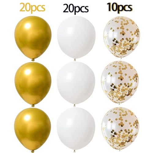 Image of 12Inch White and Glod Party Balloons with White Glod Confetti Balloons for Birthday, Baby Shower,Family Parties,Graduation Engagement Decoration Pack of 50pcs