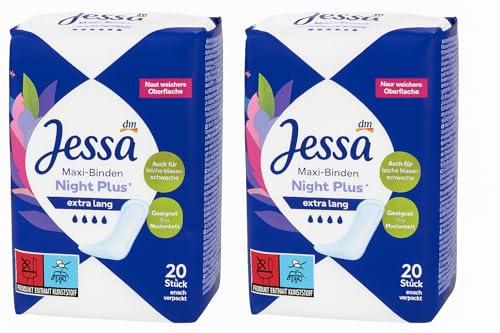 Jessa Night Plus - Compresas extra largas – Pack de 2 (40 unidades) – Extra absorbentes – Superficie suave – Ideal para la noche – Embalaje individual – Pegatinas Purlife