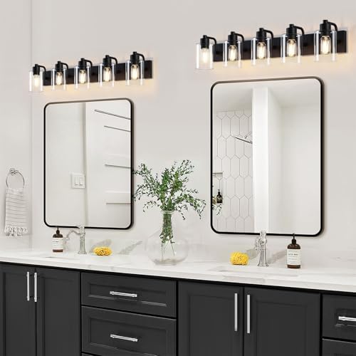 Dpyrrhic Matte Black Bathroom Light Fixtures,5-Light Bathroom Lights Over Mirror with Clear Glass Shade,Wall Sconces for Bathroom, Bedroom, Hallway by Dpyrrhic - Used condition - Image 6