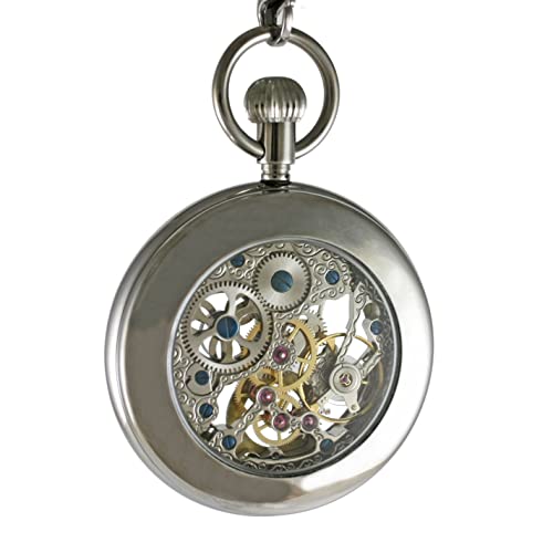 Image of OGLE 3ATM Waterproof Large Size Classic Skeleton Vintage Stainless Steel Case Fob Manual Winding Hand Wind Manual Mechanical Pocket Watch with Stainless Steel Chain